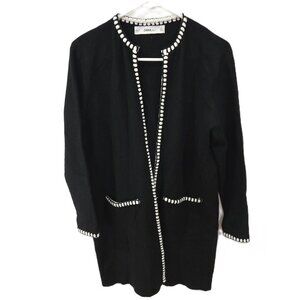 Zara Sz Small Womens Black With White Trim Knit Cardigan Sweater